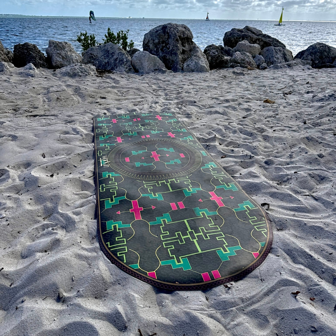 Full mat display – "Ikaro Yoga Mat with intricate design, eco-friendly and perfect for all practices."
Grip in action – "Close-up of hands pressing on Ikaro Mat, showing non-slip, high-traction surface."
Sweat-resistant performance – "Yogi in a hot yoga session using Ikaro Mat, demonstrating sweat-resistant grip."
Eco-friendly & durable – "Rolled-up Ikaro Mat next to leaves, highlighting PVC-free, sustainable materials."
Cushioning & support – "Side view of Ikaro Mat showing 4mm thickness for joint protecti