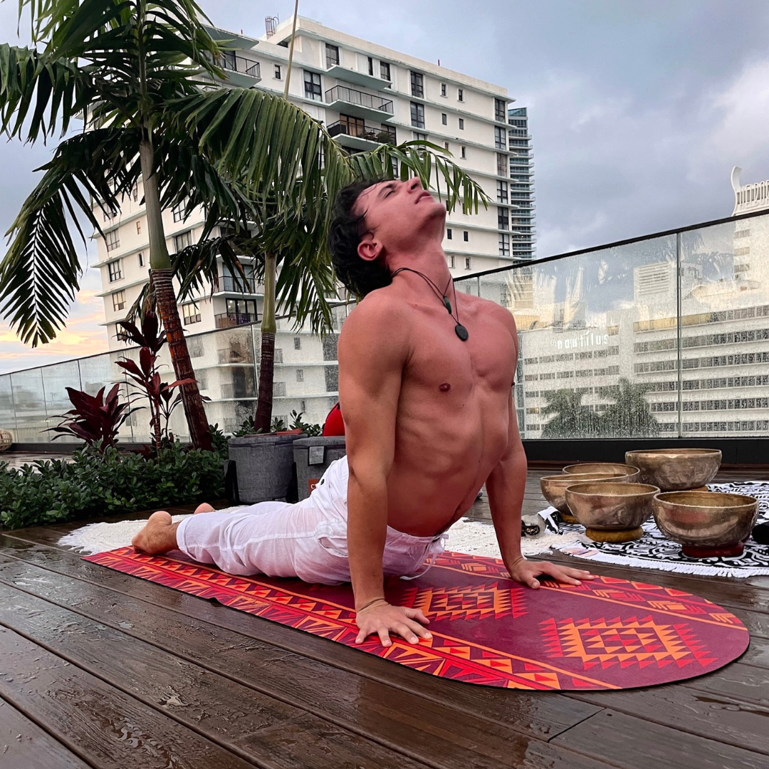 Eco-friendly suede yoga mat with vibrant design, perfect for hot yoga and all types of practices.