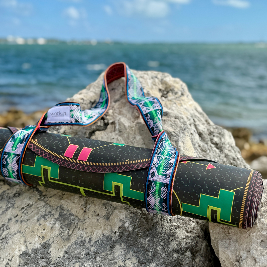 Qomer 2-in-1 yoga mat strap by Work In, handmade in Peru