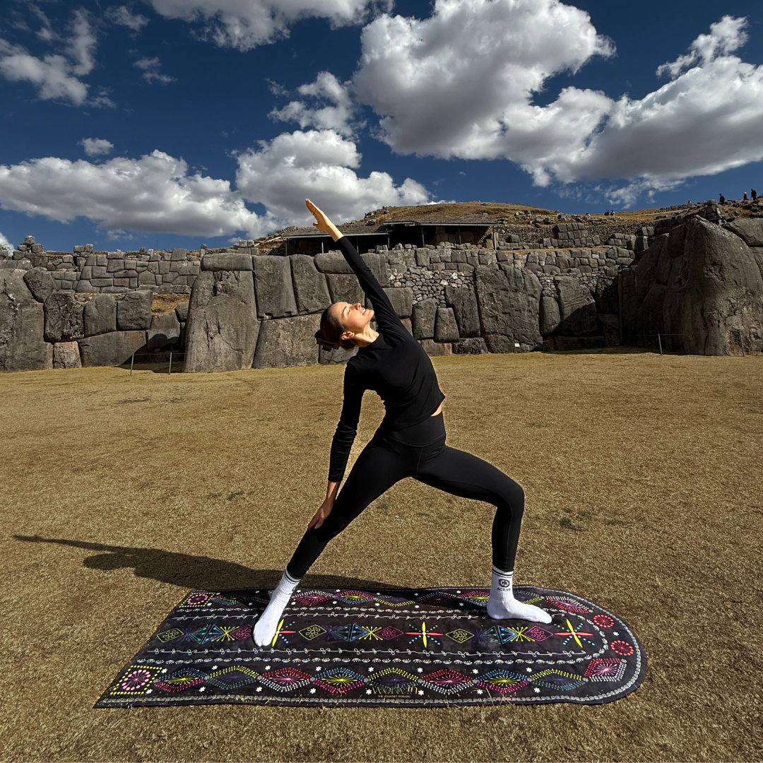Kuti suede yoga mat by Work In, inspired by Peruvian ancestral patterns