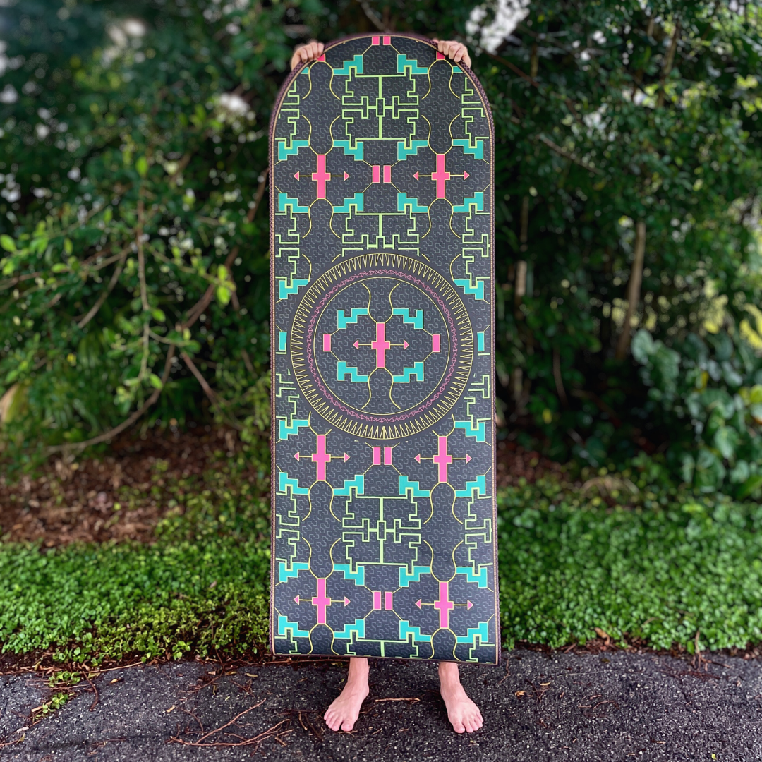 Ikaro suede yoga mat by Work In, inspired by Peruvian ancestral patterns