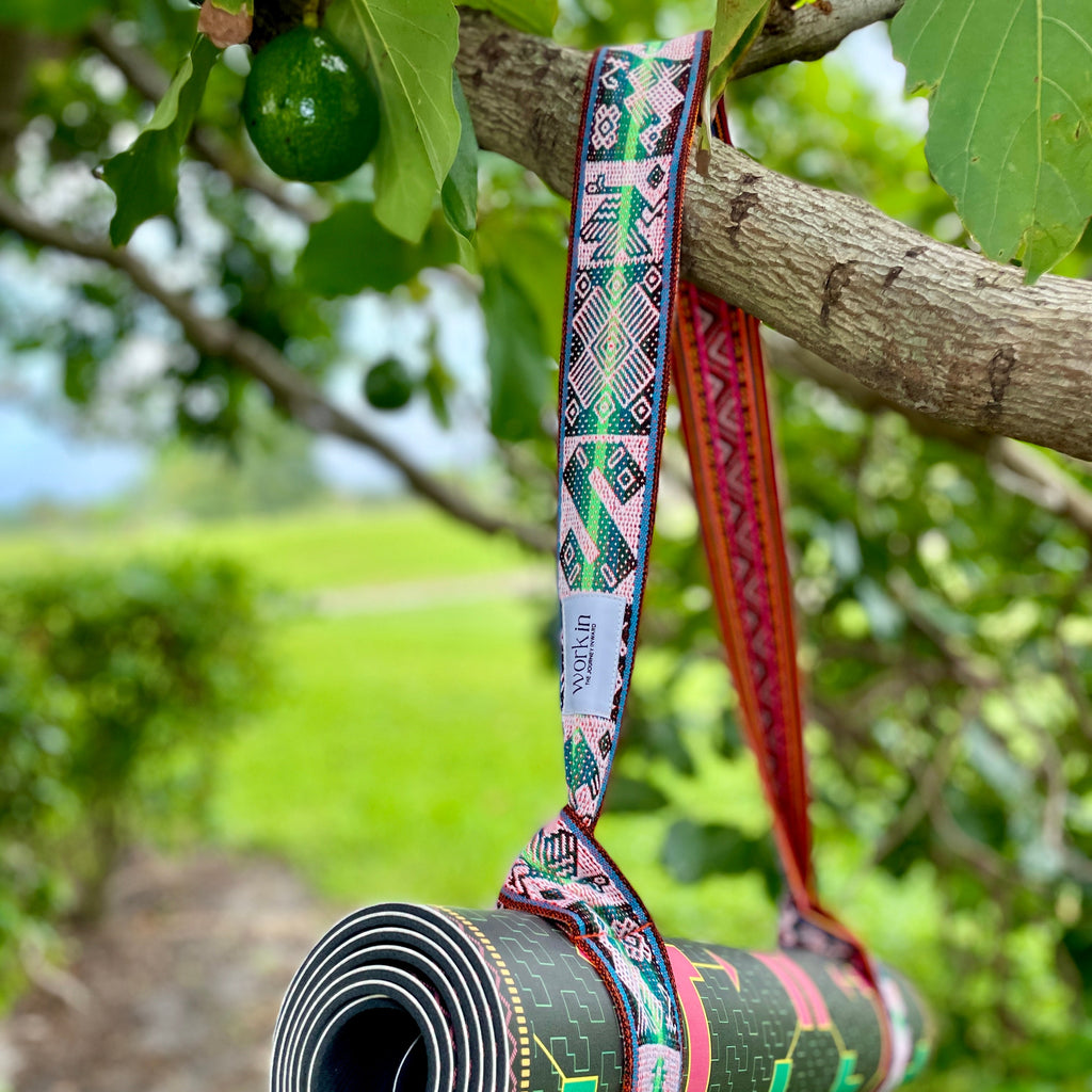 Qomer 2-in-1 yoga mat strap by Work In, handmade in Peru