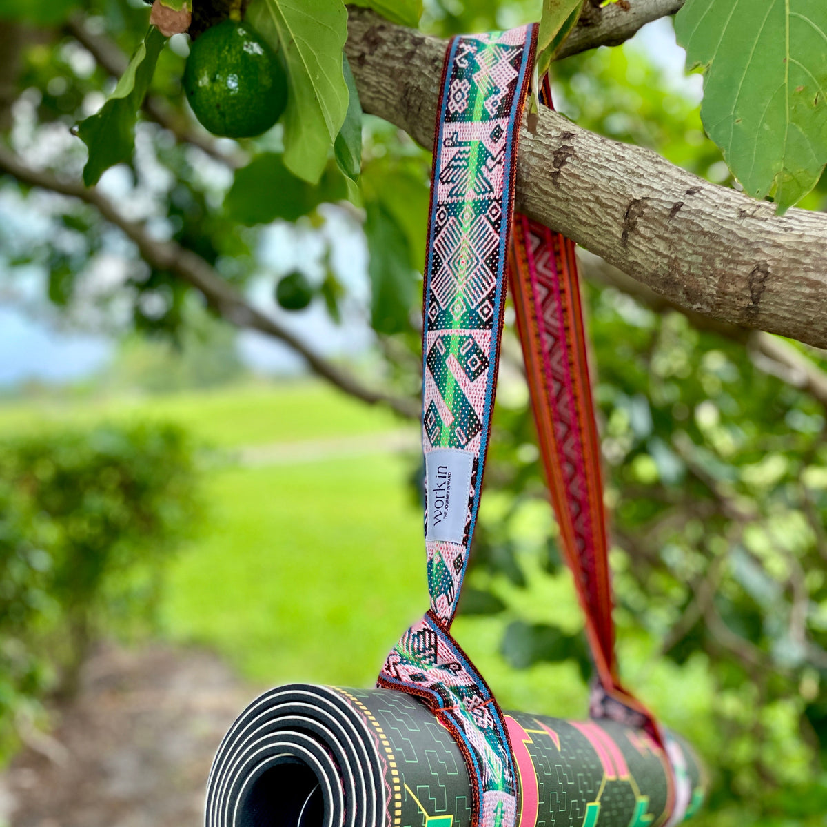 Qomer 2-in-1 yoga mat strap by Work In, handmade in Peru