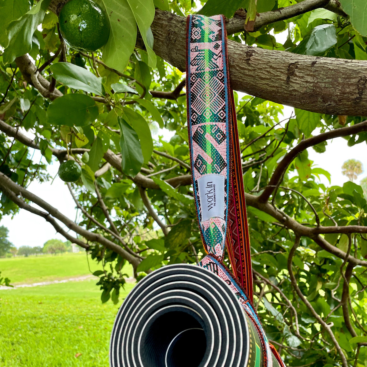 Qomer 2-in-1 yoga mat strap by Work In, handmade in Peru