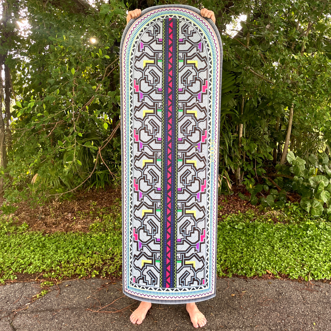 Kené suede yoga mat by Work In, inspired by Shipibo-Konibo art