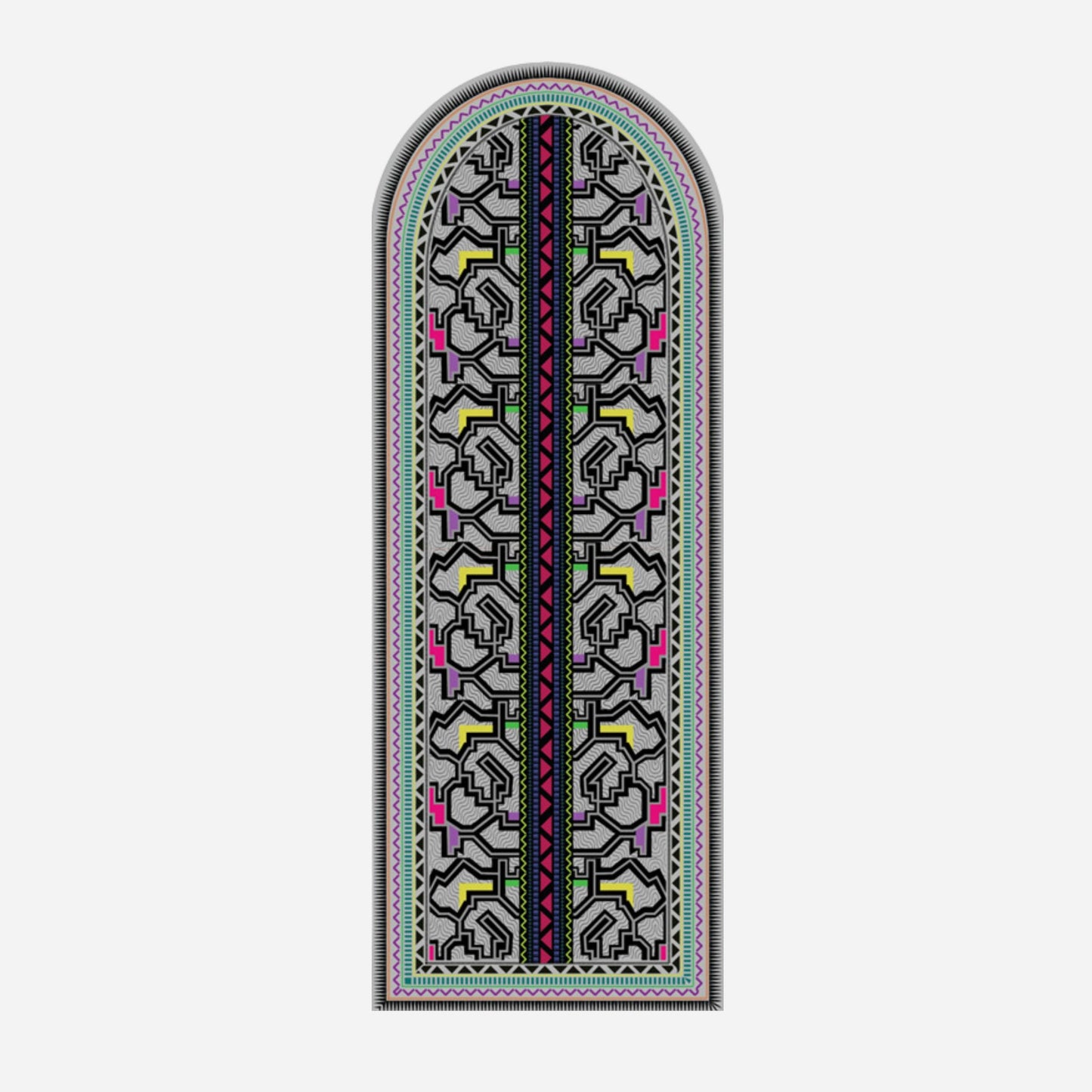Kené Yoga Mat rolled out for practice, featuring eco-friendly suede surface and vibrant geometric design for enhanced grip during yoga.