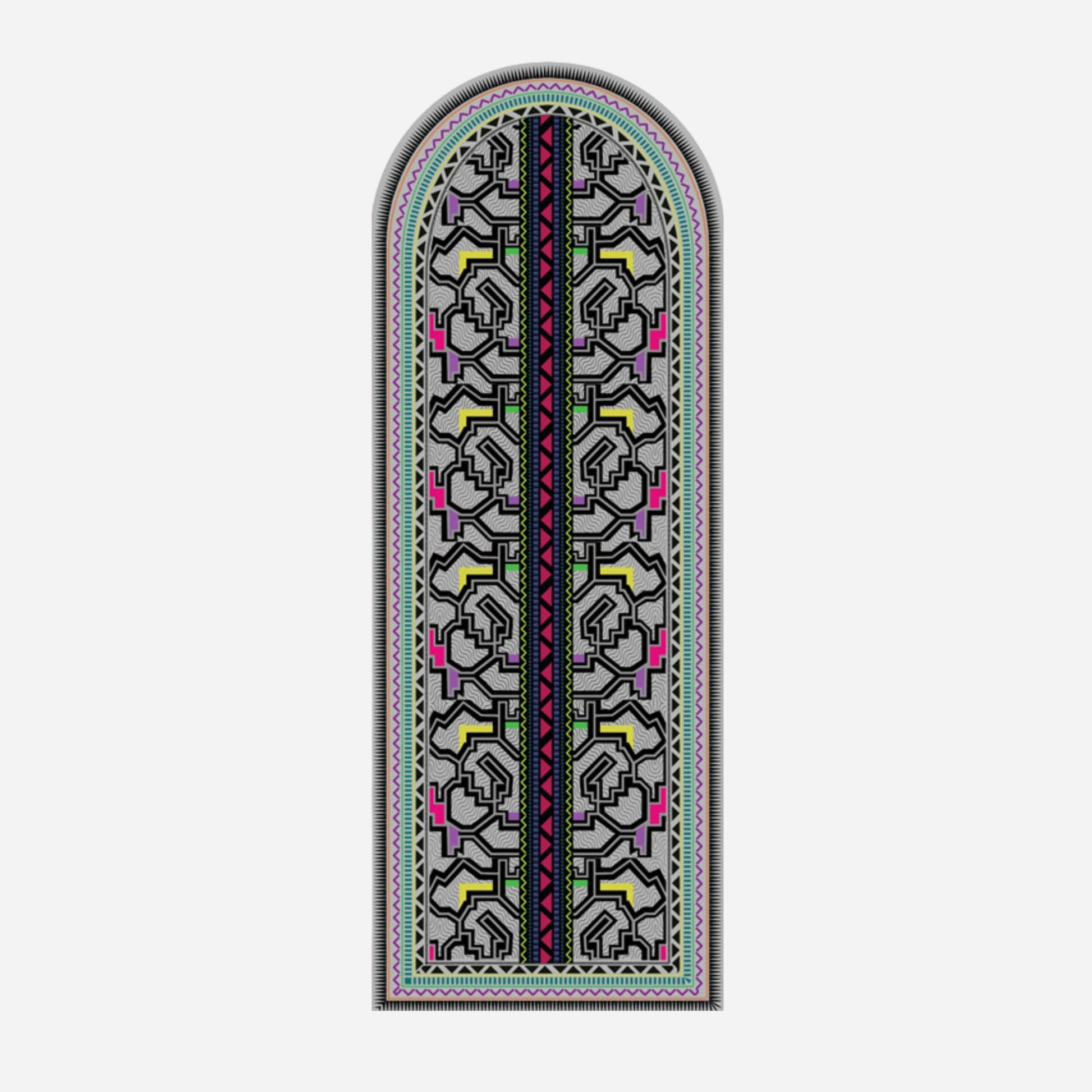 Kené Yoga Mat rolled out for practice, featuring eco-friendly suede surface and vibrant geometric design for enhanced grip during yoga.