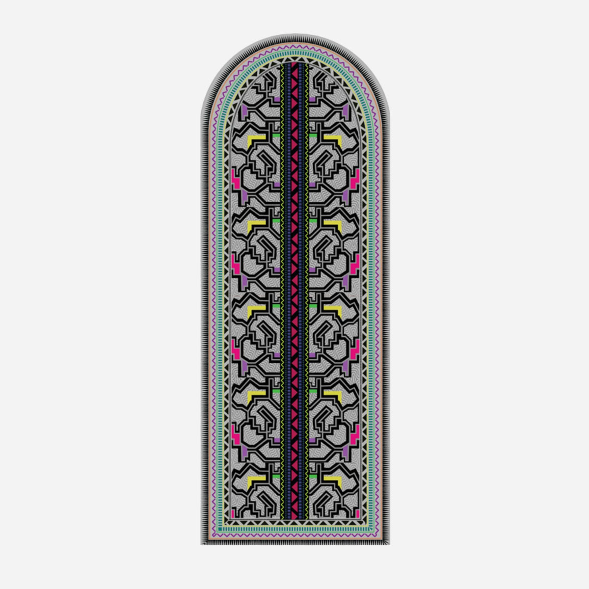 Kené Yoga Mat rolled out for practice, featuring eco-friendly suede surface and vibrant geometric design for enhanced grip during yoga.