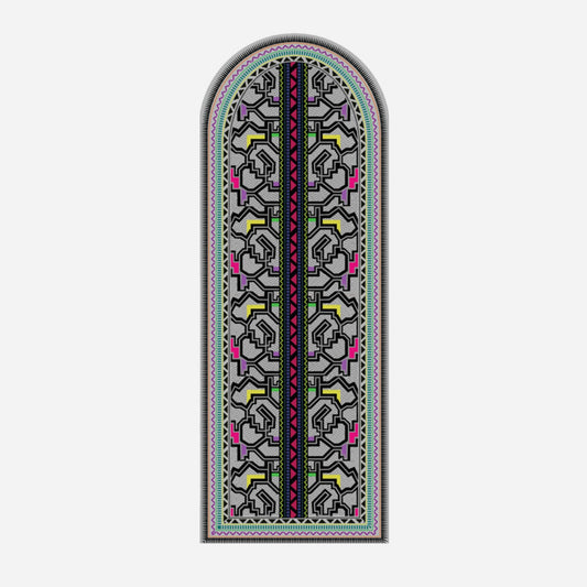 Kené Yoga Mat rolled out for practice, featuring eco-friendly suede surface and vibrant geometric design for enhanced grip during yoga.