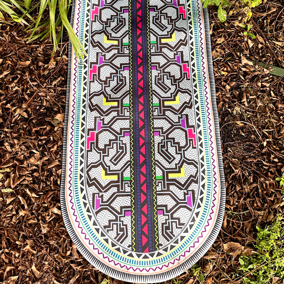 Kené suede yoga mat by Work In, inspired by Shipibo-Konibo art